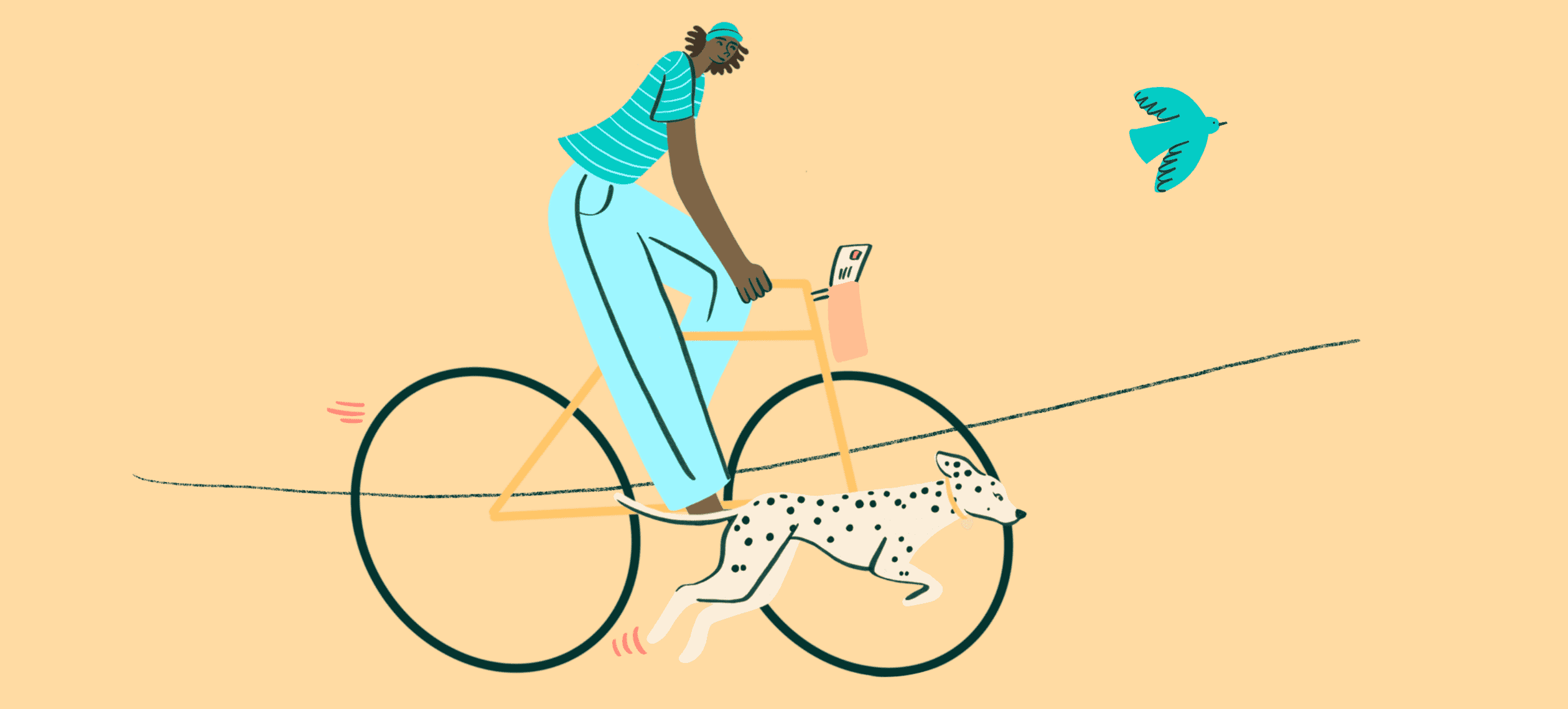 A girl rides her bike with her dog as she learns to be independent, one of the essential life skills for teens.