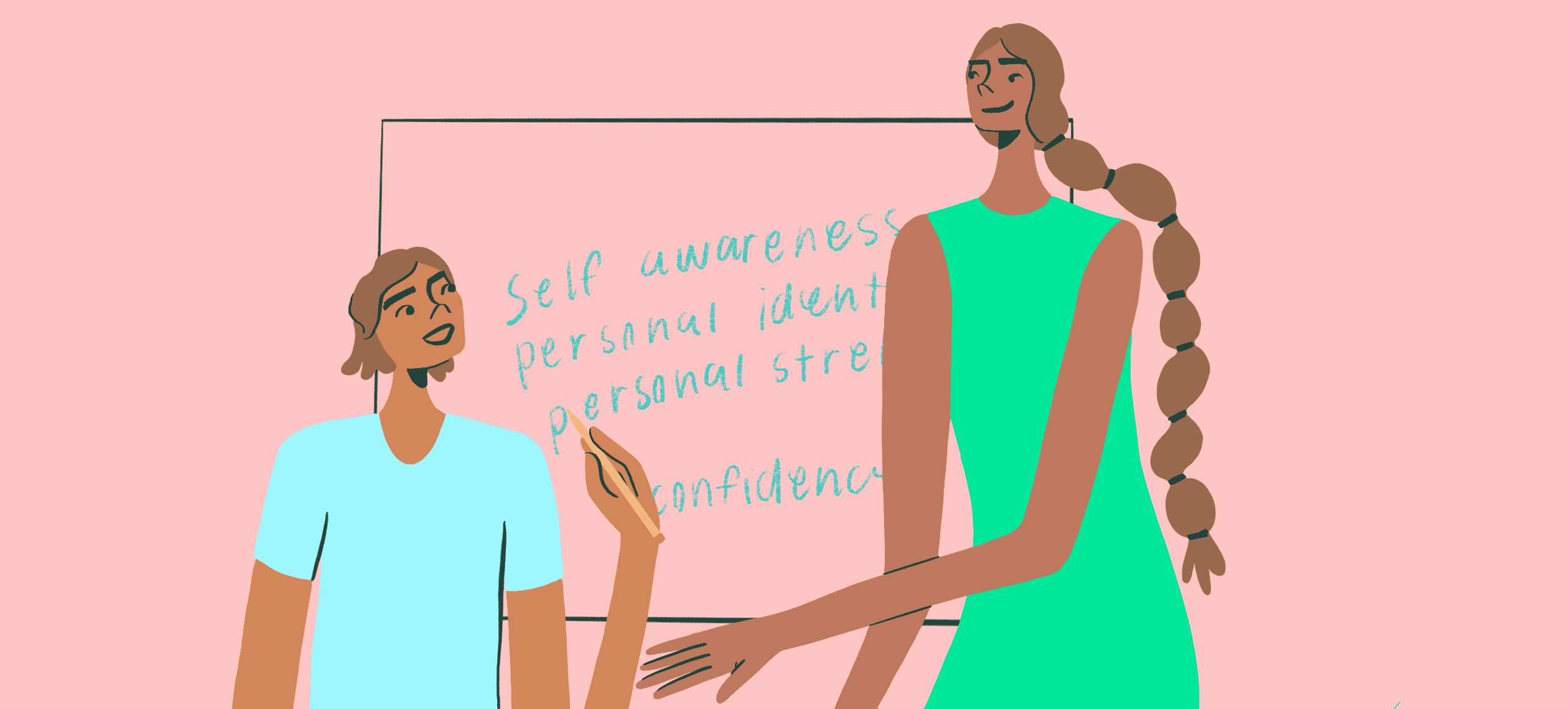 An illustration of a teacher with a student at a white board teaching building student self-esteem.