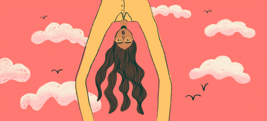 An illustration of a woman hanging upside down suspended in the air.