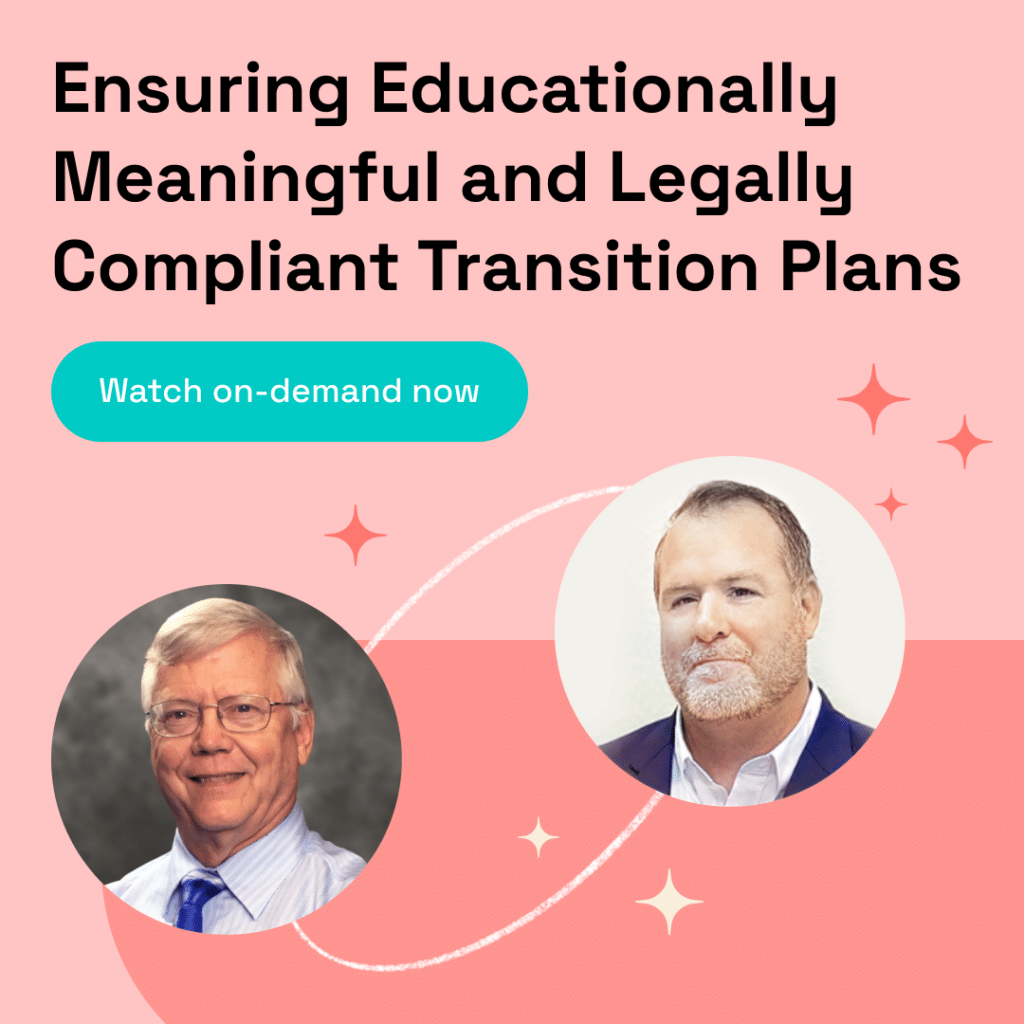 Image on red background promoting webinar on educationally meaningful and legally compliant transition plans