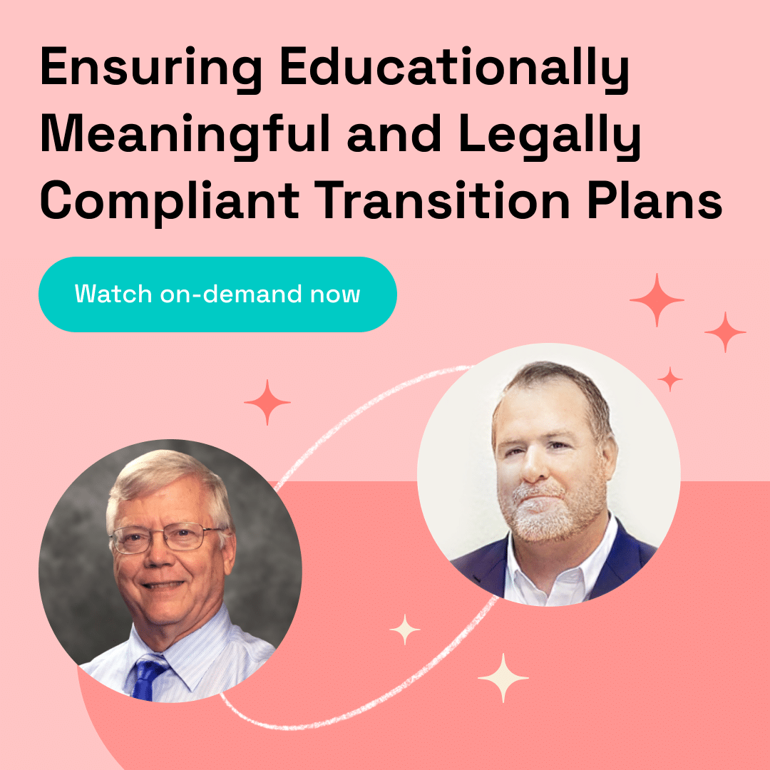 Image on red background promoting webinar on educationally meaningful and legally compliant transition plans