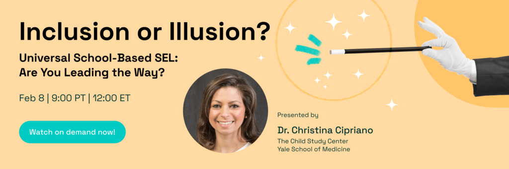 Inclusion or illusion webinar banner with a headshot of Dr. Christina Cipriano and a gloved hand with a magic wand.