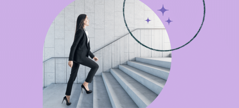 Female director of special education is climbing up stairs going to her office