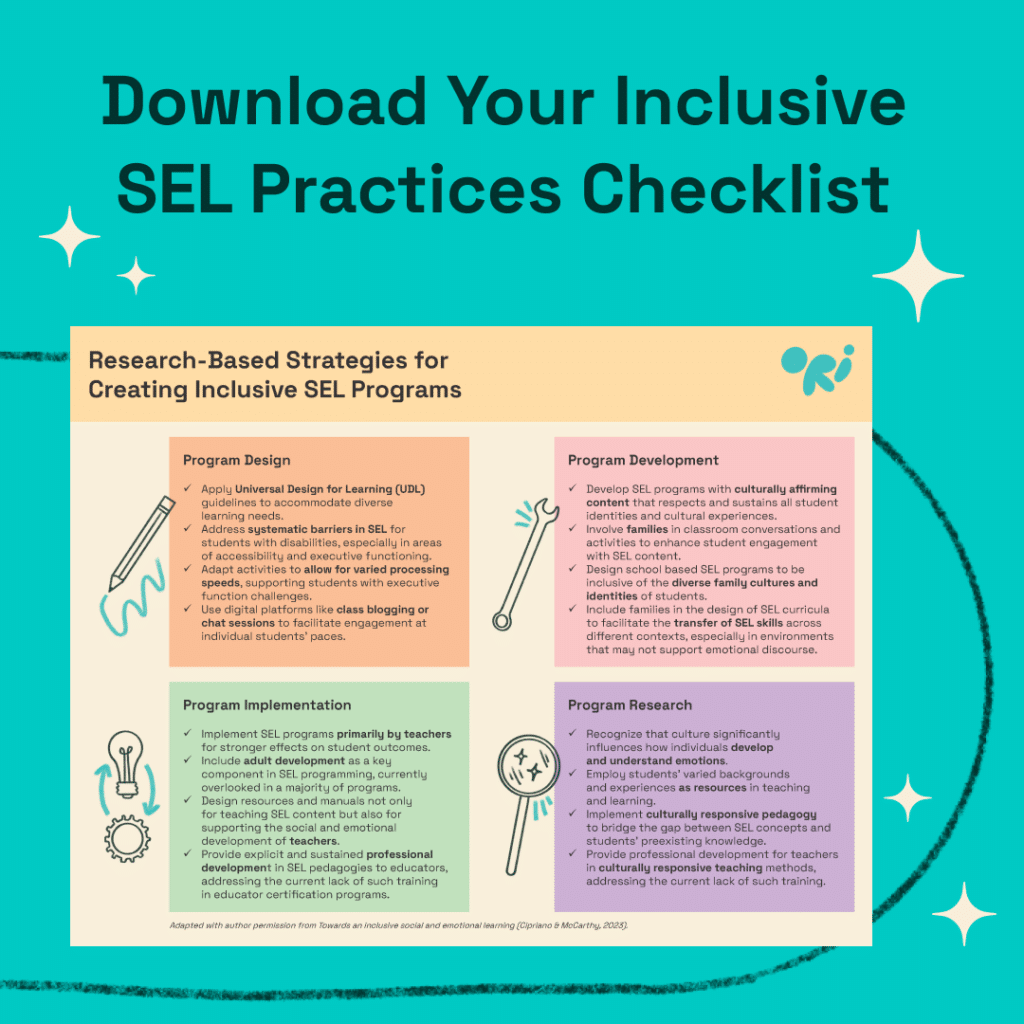 Image of the inclusive SEL practices checklist on a teal background with text "Download your inclusive SEL practices checklist"