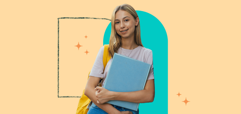 young girl holding a blue folder on a yellow background