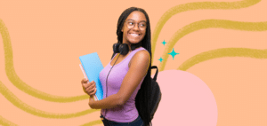 a girl with notebooks on a pink background