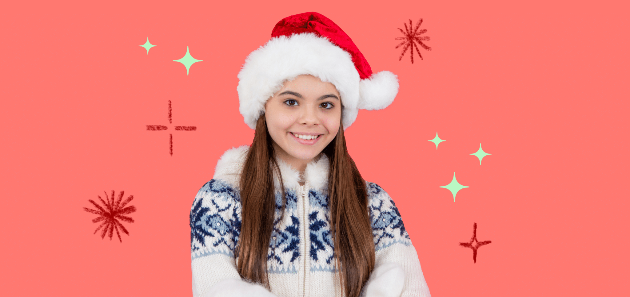 a girl with christmas hat on an orange background