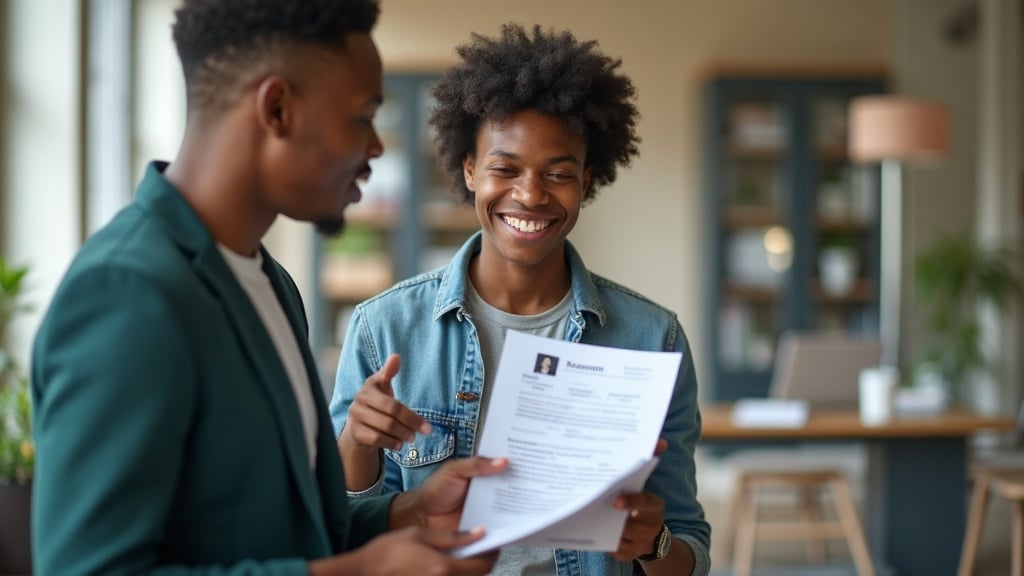 A confident high-school student reviewing his resume with a job coach in a career-center setting
