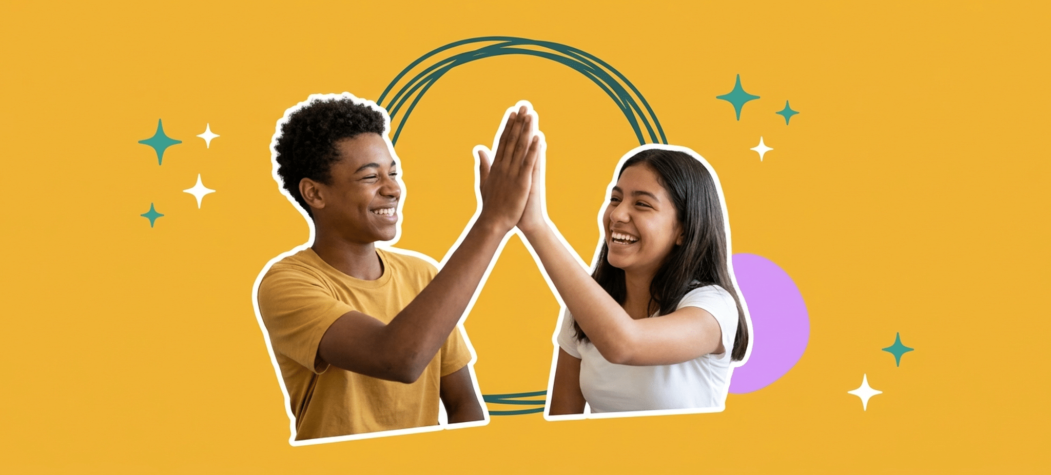 Two smiling students high-fiving during a social-emotional learning classroom activity