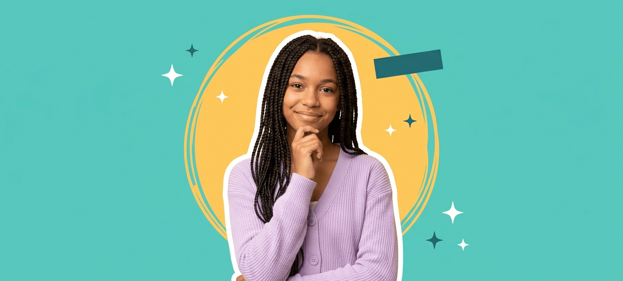 Young woman with box braids, wearing a lavender cardigan, smiling in front of a teal and yellow decorative background.