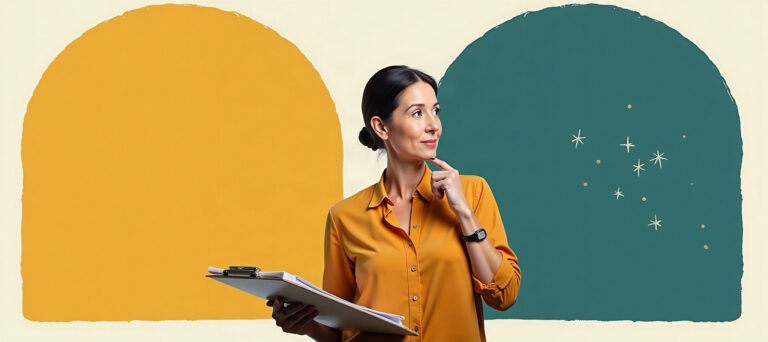 A district leader with a clipboard weighing two curriculum options, represented by two contrasting arches