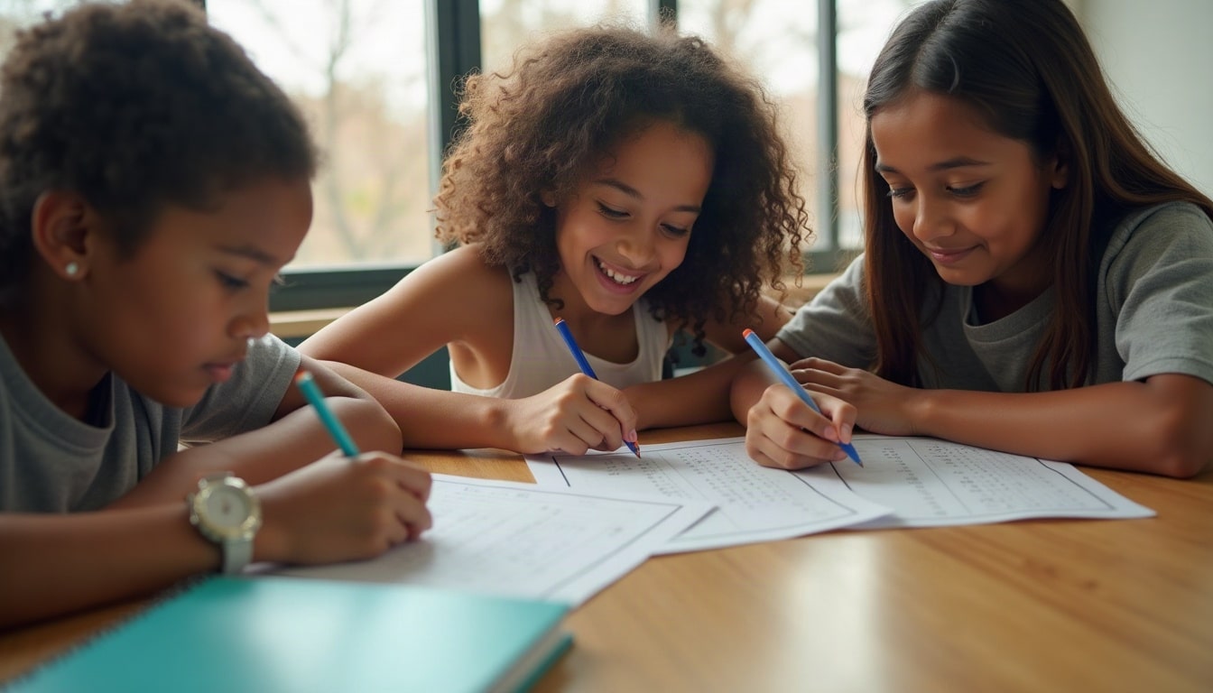 Middle school students working through an emotion identification worksheet at a classroom table