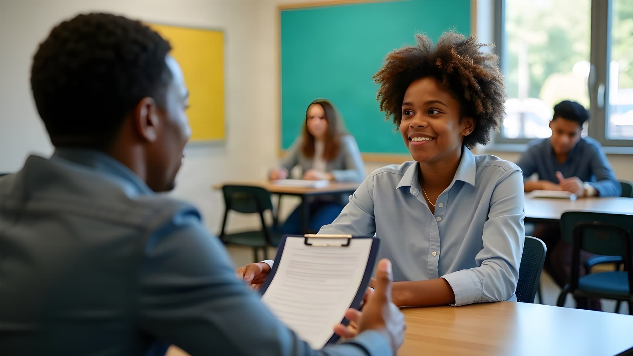 A high school student smiles during a practice job interview with a teacher across a classroom table while two classmates observe in the background.