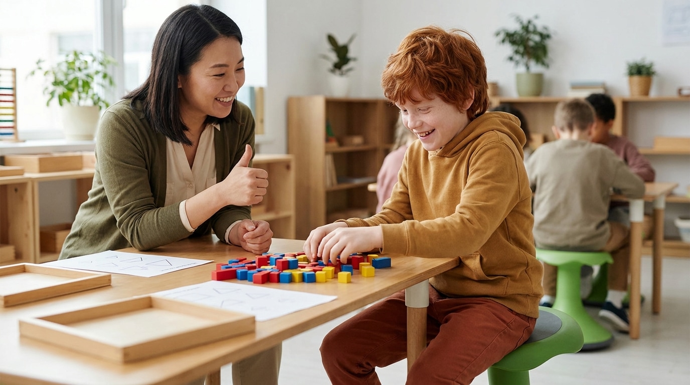 A student on a wobble stool sorts colored blocks during a math task while his teacher gives a thumbs-up