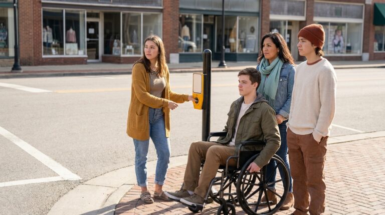 Older students and their teacher wait at a crosswalk on a town street while one student presses the crossing button; one student uses a wheelchair