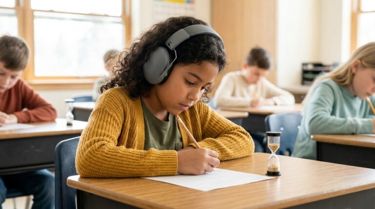 A young student wearing noise-reducing headphones works on a worksheet beside a small sand timer