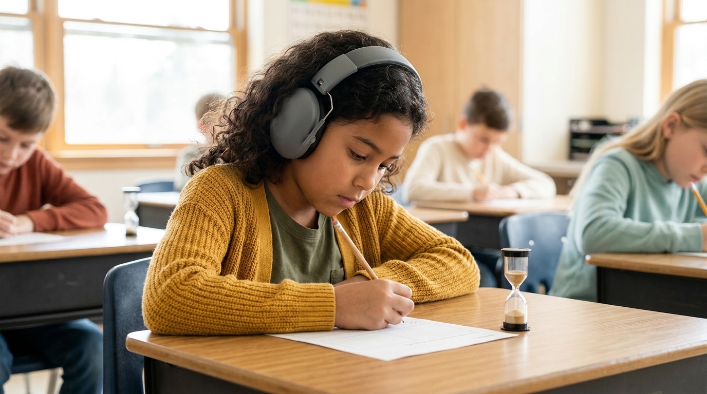 A young student wearing noise-reducing headphones works on a worksheet beside a small sand timer