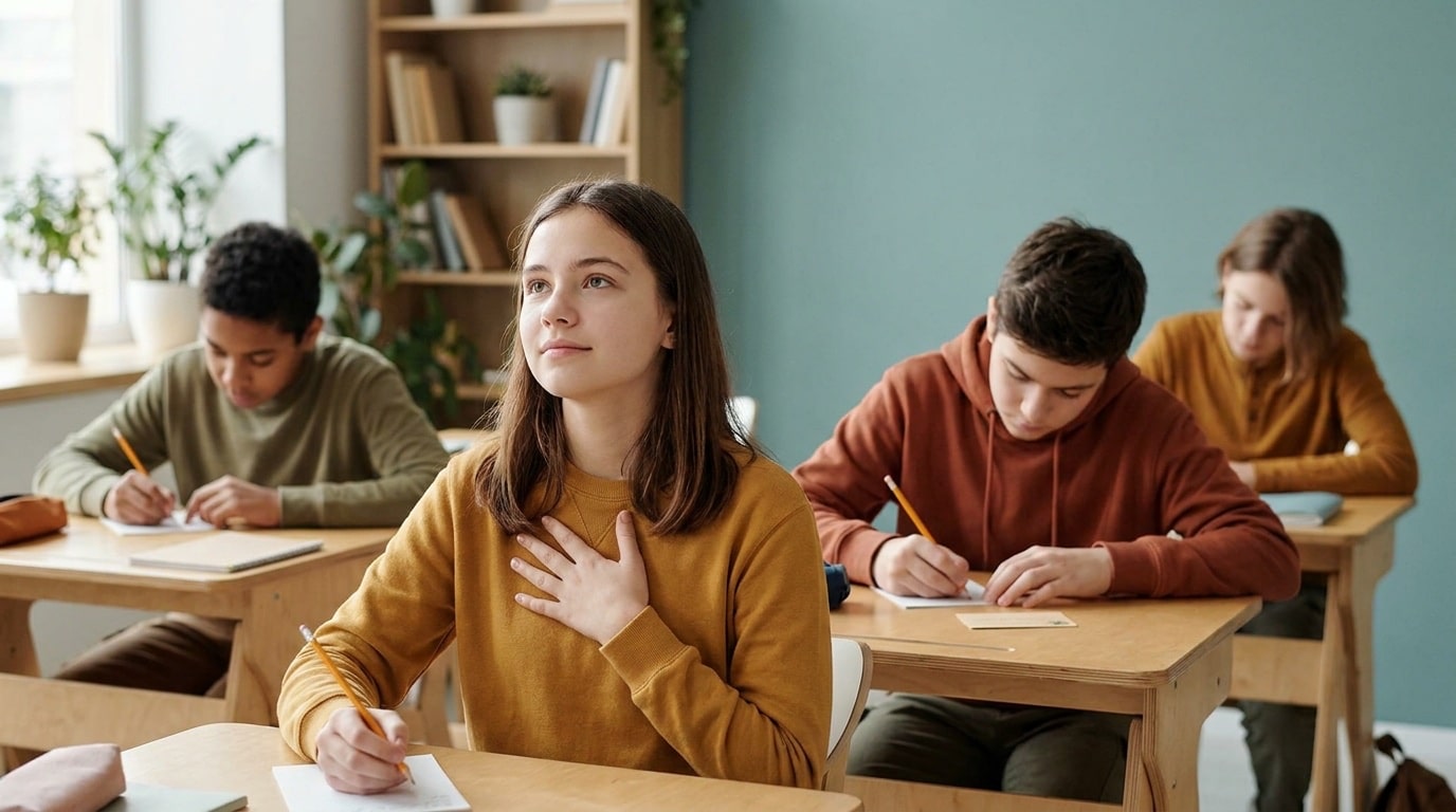 Middle and high school students filling in personal coping plan cards at their desks during class, one pausing for a slow breath