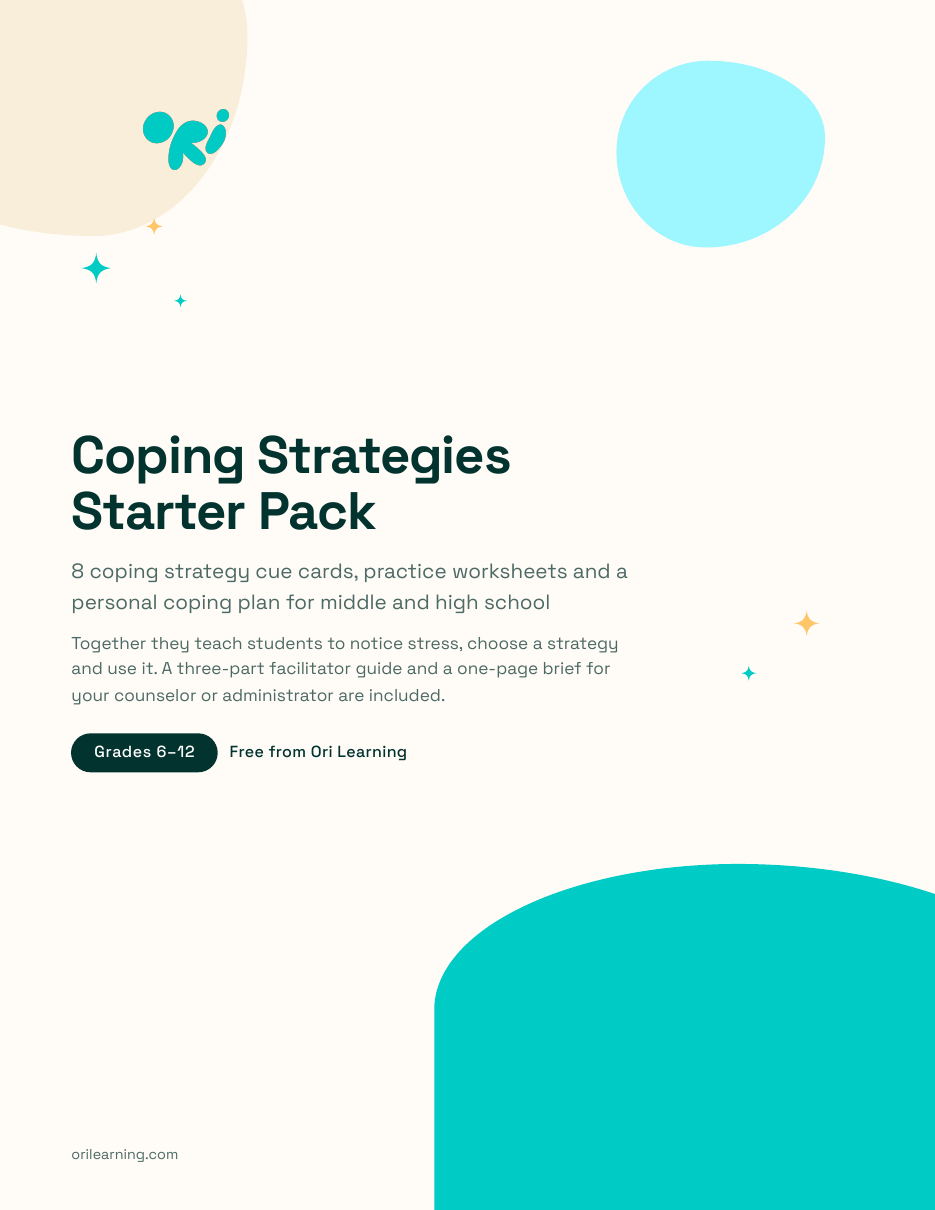 Cover of the Coping Strategies Starter Pack, a printable set of cue cards, worksheets and a coping plan for grades 6 to 12