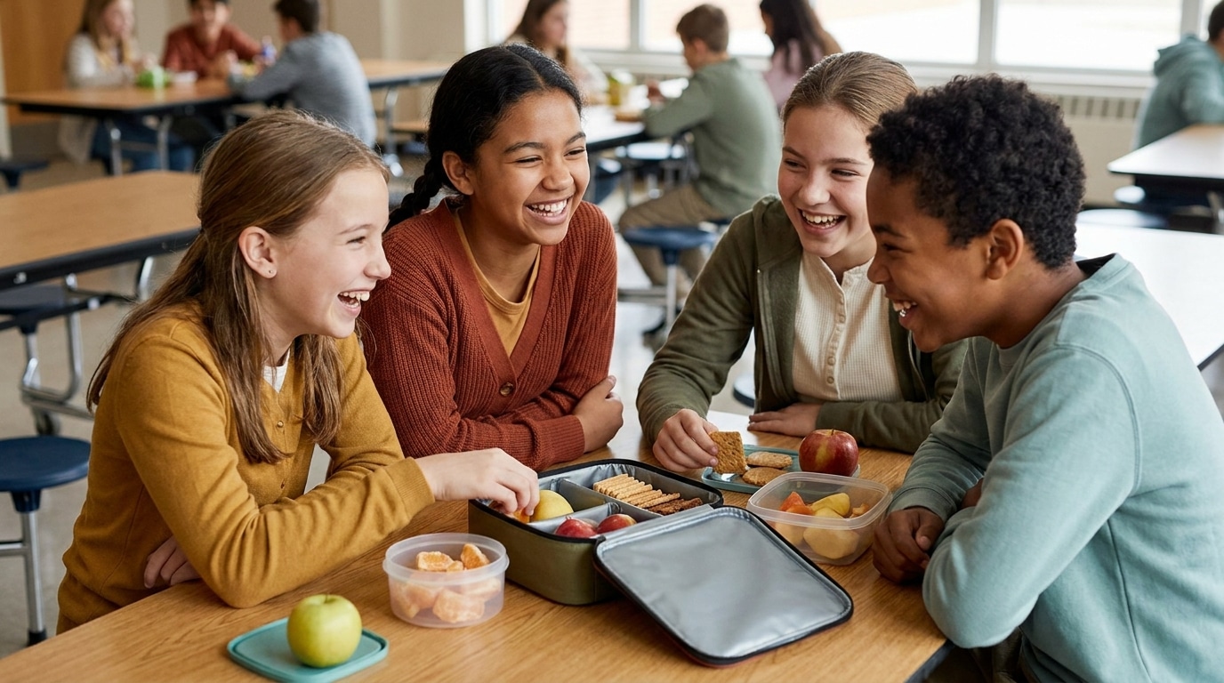 Four middle school friends laugh together at a cafeteria table while sharing snacks