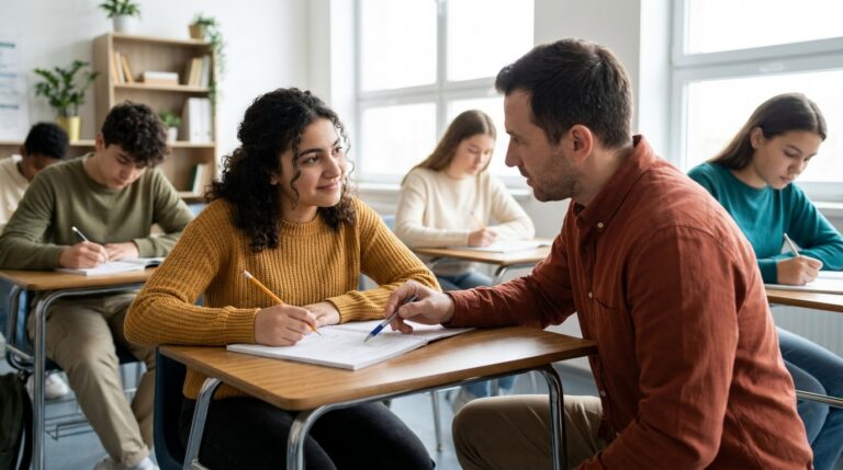 A high school student smiles as her teacher crouches beside her desk and points to part of her work