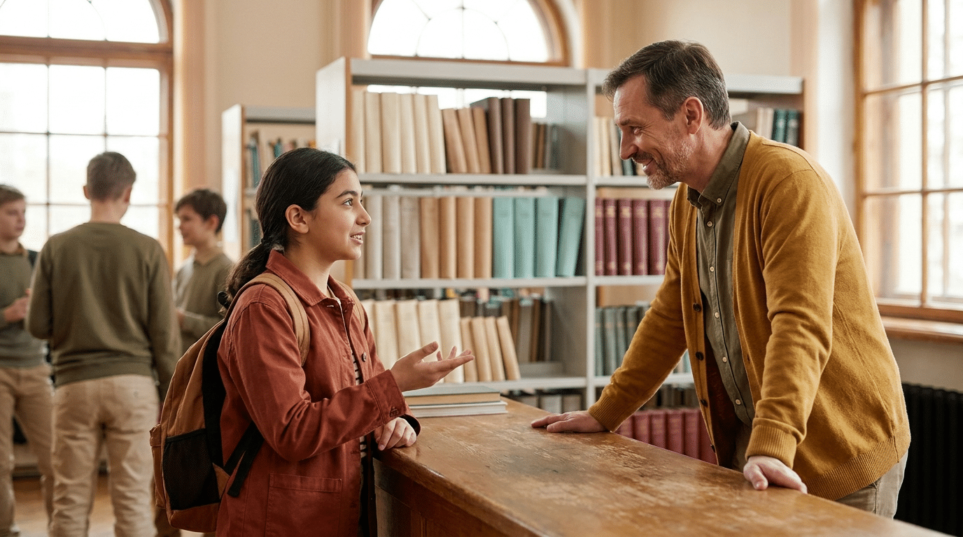 A young student with a backpack chats with a man at a library counter, shelves of books behind them.