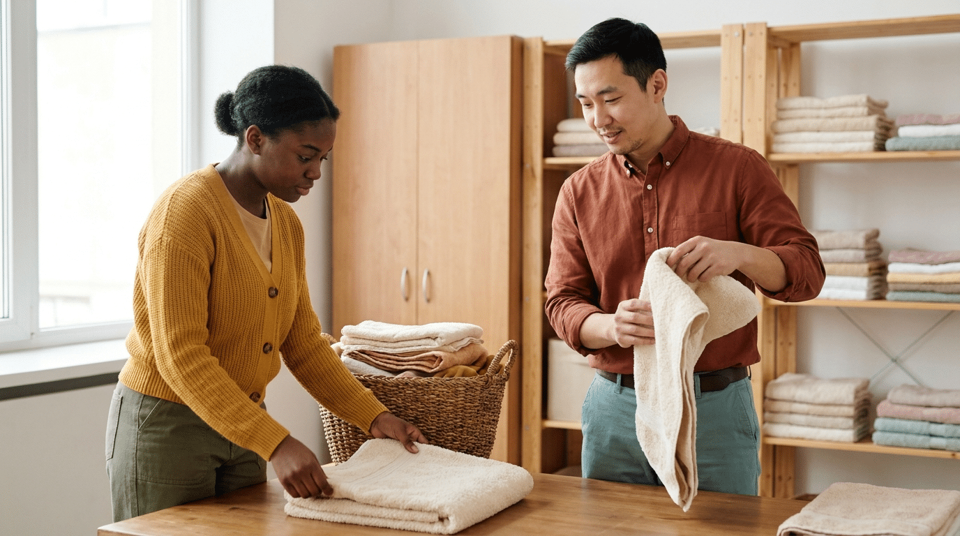 A young woman folds a cream towel at a table while her teacher demonstrates the next fold in a life-skills classroom