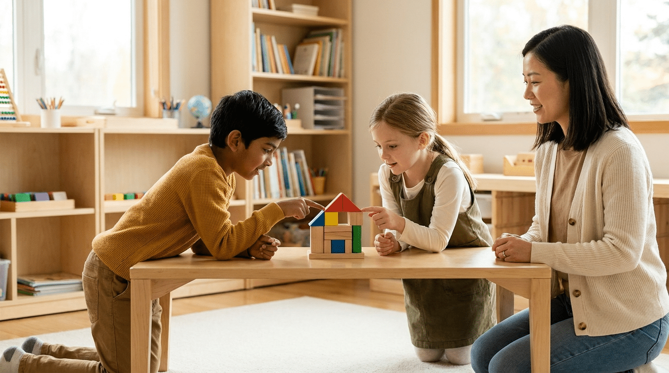 Two children building a colorful wooden house with blocks at a classroom table, guided by a smiling teacher.
