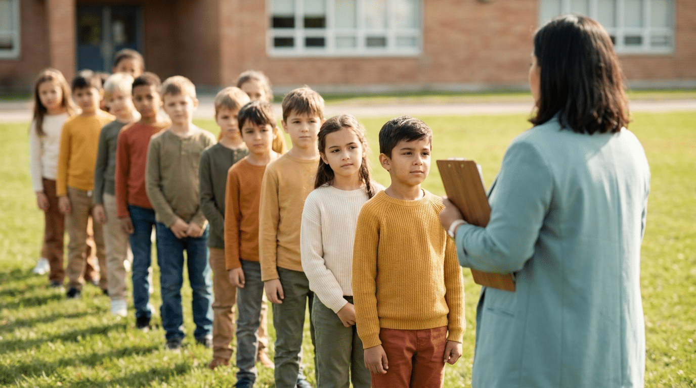 Elementary students stand in a calm line on the school lawn while their teacher counts heads during a fire drill