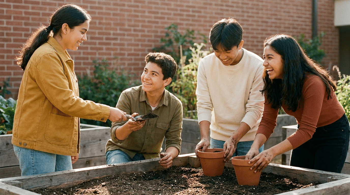 Four high school students laugh and plant seedlings together in a raised garden bed as one passes a trowel
