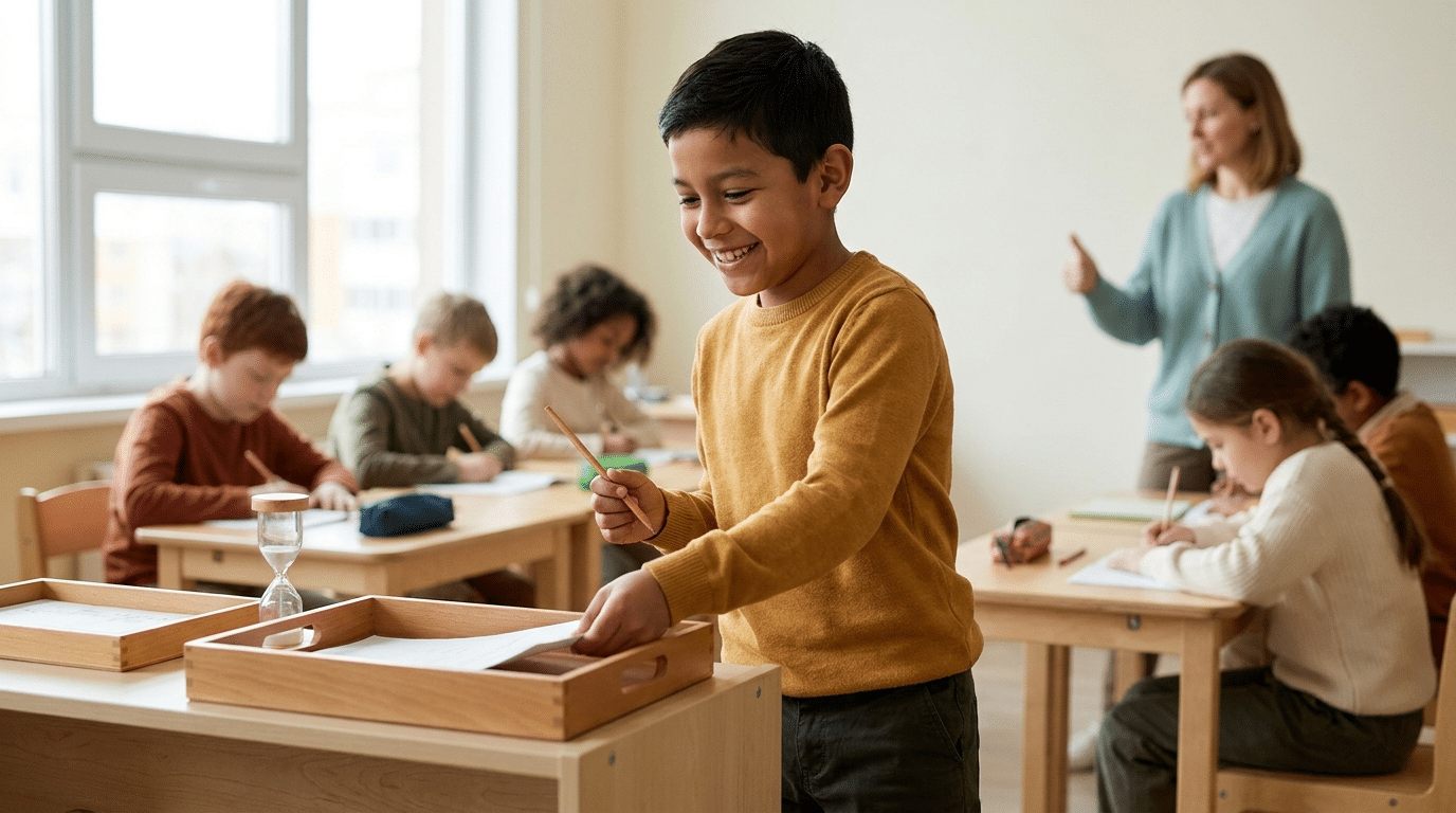 A smiling boy in a mustard sweater stands at a desk with a tray, while classmates draw at tables in a bright classroom with a teacher in the background giving a thumbs up.