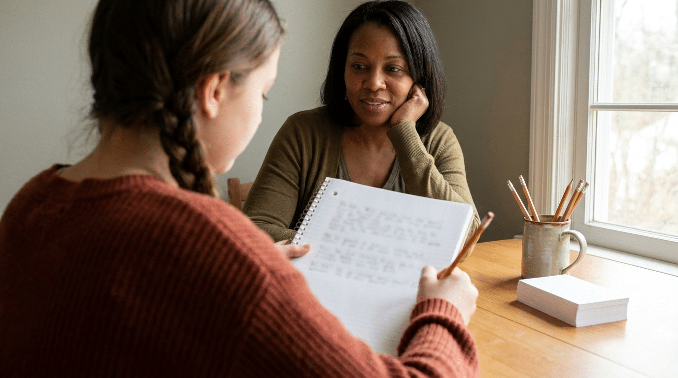 A middle school student writes in a notebook at a window table while her teacher listens with a smile