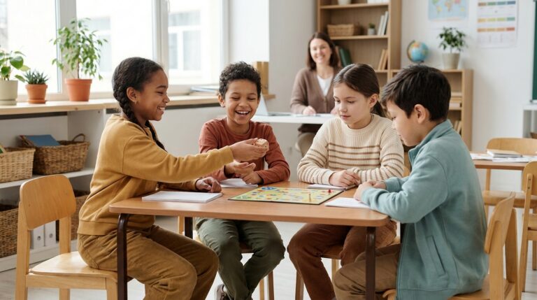 Four elementary students laugh while playing a board game, one passing the die to the next player, with their teacher in the background