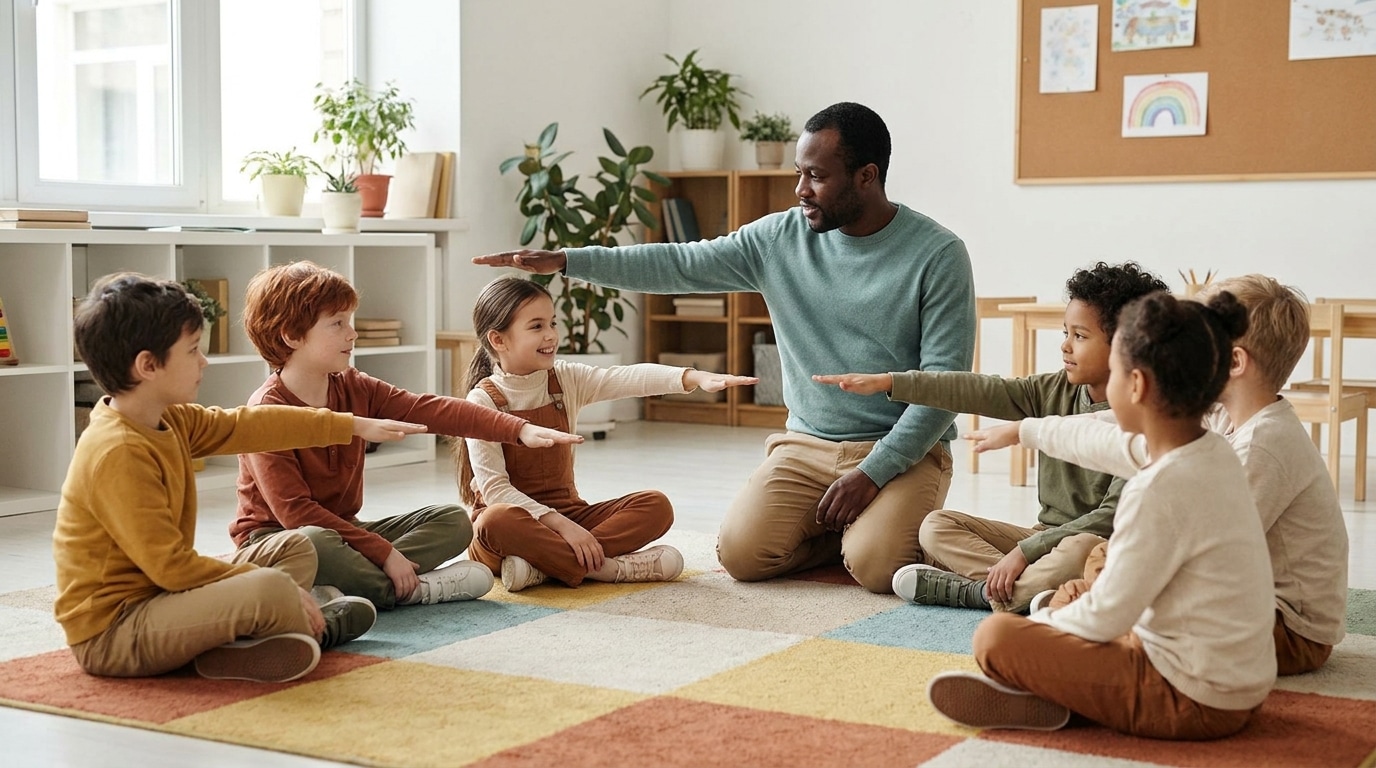 A teacher kneels with young students on a classroom rug, everyone holding one arm out to show an arm's length of personal space
