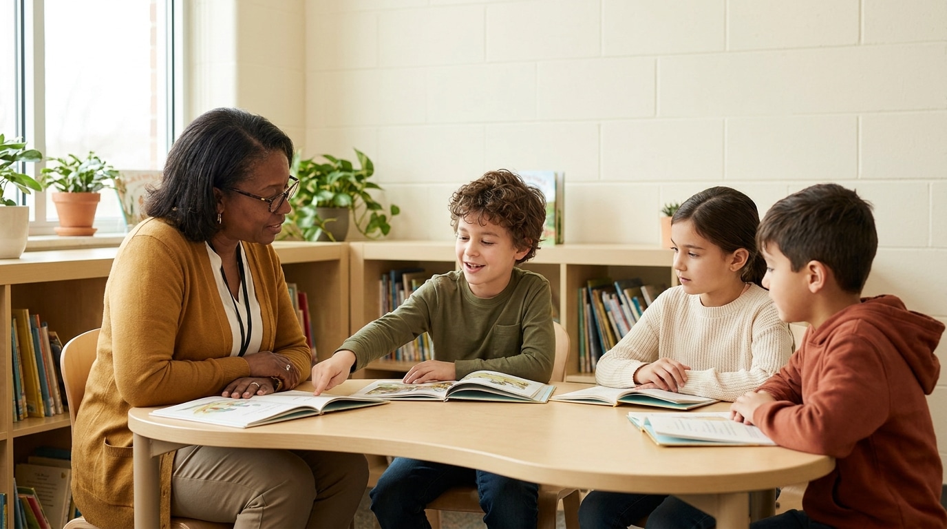 A teacher sits with three young readers at a small table while one student points to a picture in his book and explains it