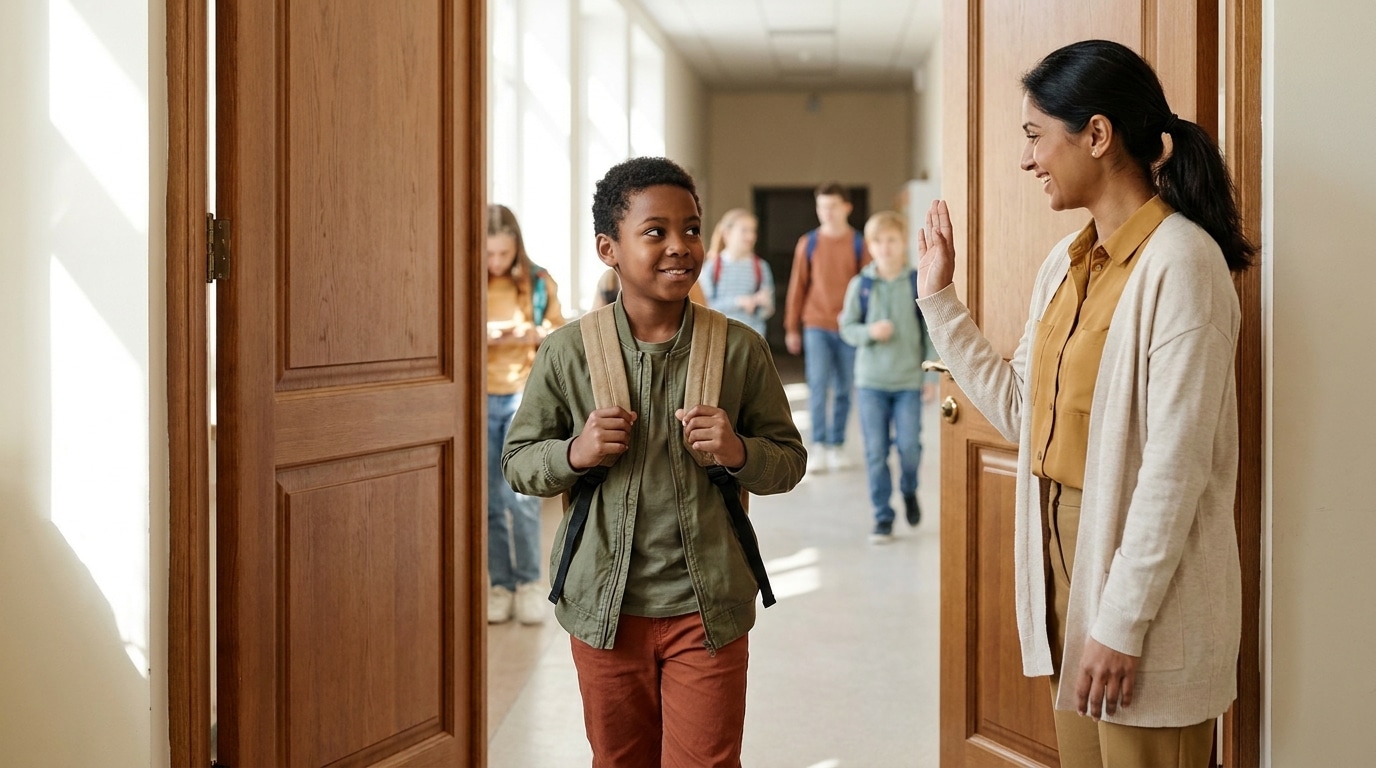 A school staff member waves hello as a student with a backpack walks in through the open doors in the morning