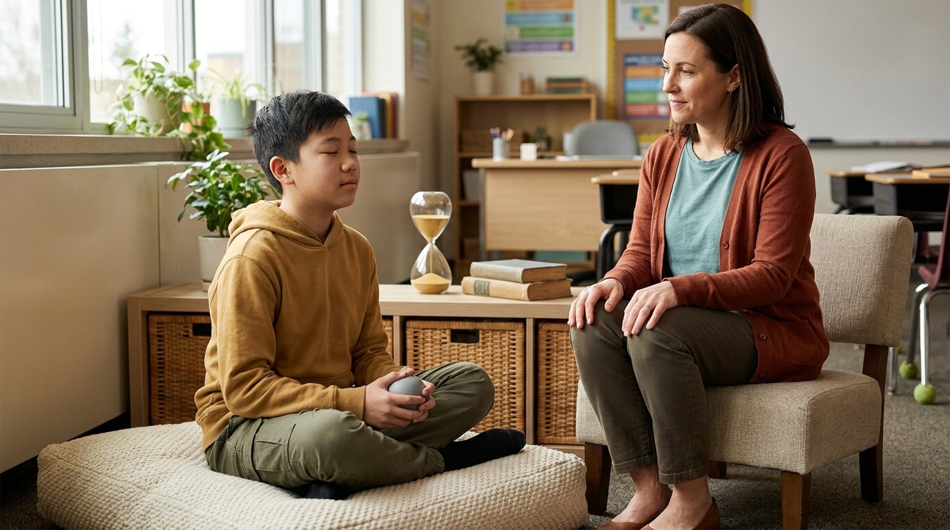 A middle school student sits on a floor cushion with a squeeze ball, eyes closed and breathing slowly, while his teacher sits calmly beside him
