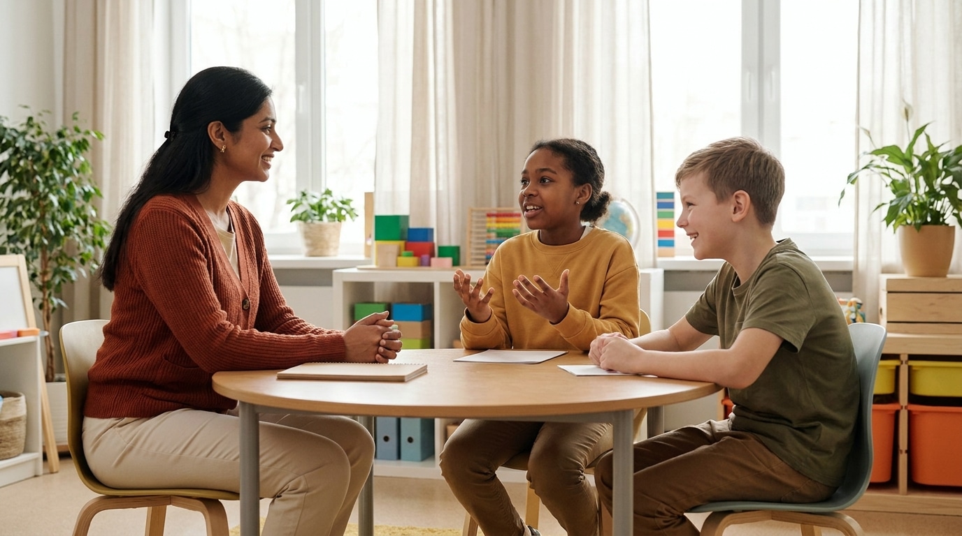A speech-language pathologist smiles as one student talks with her hands and another student watches her face and smiles back