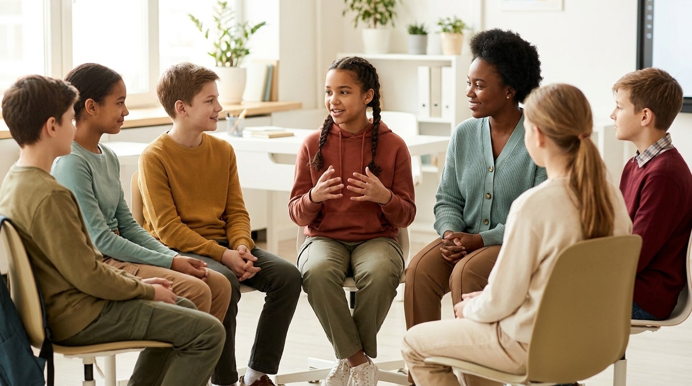 A middle school student speaks in a circle of classmates and their teacher, who lean in to listen