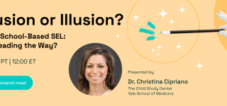 Inclusion or illusion webinar banner with a headshot of Dr. Christina Cipriano and a gloved hand with a magic wand.